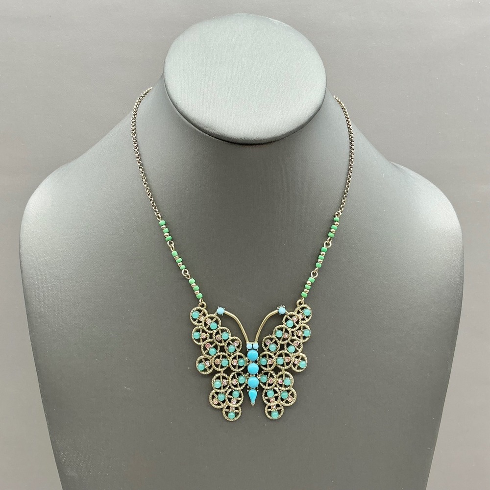 Betsey Johnson Butterfly Necklace Womens Gold Blue Green Filigree Beaded Chain